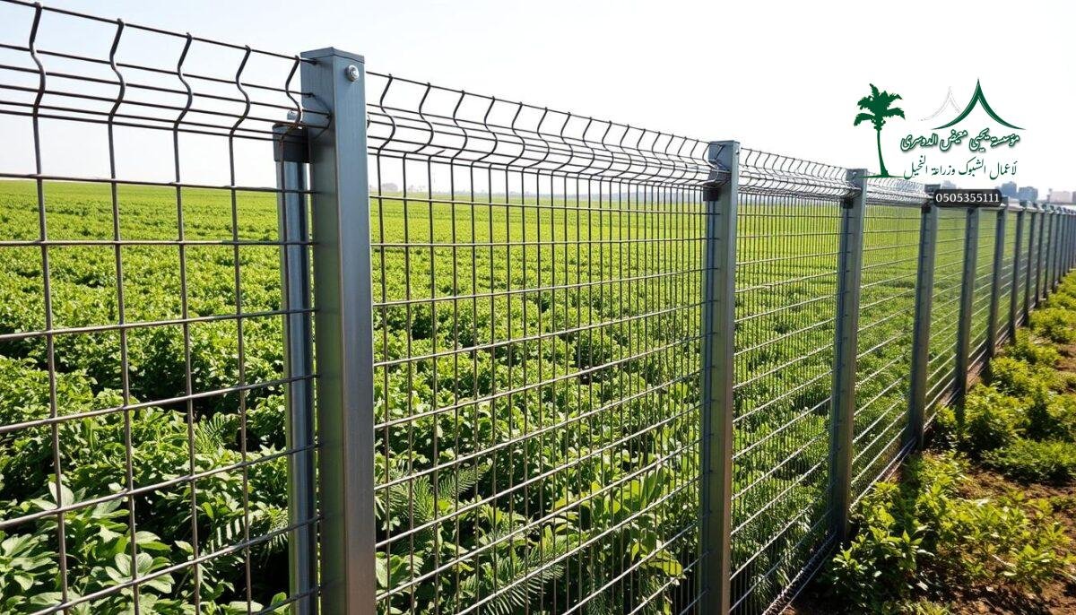 A well-crafted metal mesh fence system adorns the lush farmlands of Jeddah, Saudi Arabia. Sturdy galvanized steel posts and high-tensile wires form a robust barrier, expertly installed by skilled workers. Dappled sunlight filters through the intricate grid, casting dynamic shadows across the smooth surfaces. The fence seamlessly blends with the verdant surroundings, providing reliable security and defining the boundaries of the prosperous agricultural plots. This modern, yet practical design exemplifies the meticulous engineering and attention to detail that characterize the fencing solutions for Jeddah's thriving farms.