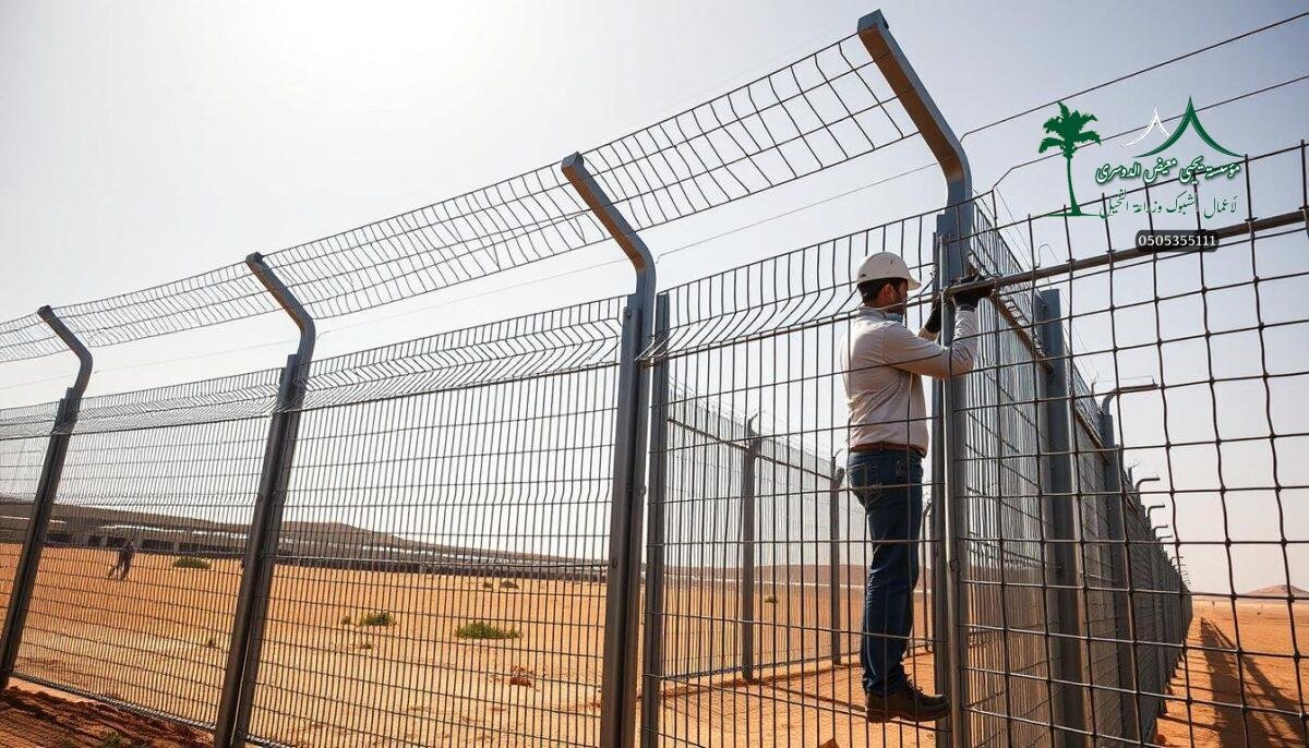 A well-crafted metal security fence for modern Saudi Arabian farms, featuring intricate steel mesh and sturdy posts. Tall and imposing, with a sleek industrial aesthetic, the fence stands tall against the bright desert sky. Skilled technicians meticulously install the fence, ensuring a secure and seamless barrier to protect valuable crops and livestock. Sunlight glints off the metallic surface, creating a striking visual contrast with the surrounding landscape. The fence's robust design radiates a sense of strength and reliability, befitting the progressive agricultural practices of Buraydah in 2026.