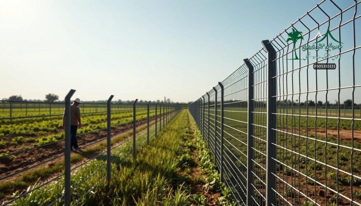 A well-crafted modern farm fence in Jeddah, Saudi Arabia. The foreground features sturdy metal mesh panels precisely installed by skilled workers, with a sleek, minimalist design. The middle ground showcases the fence's robust construction, highlighting the high-quality materials and meticulous engineering. In the background, lush greenery and a clear sky create a serene, pastoral atmosphere. Dramatic lighting casts dramatic shadows, emphasizing the fence's clean lines and modern aesthetic. The overall scene conveys a sense of security, functionality, and thoughtful design, perfectly suited for the contemporary Saudi agricultural landscape.
