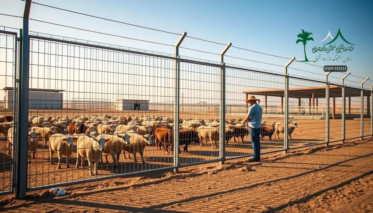 A well-crafted security fence for a modern farm in Hail, Saudi Arabia. Sturdy galvanized metal mesh panels seamlessly integrated into a sleek, minimalist design. Skilled workers meticulously install the durable components, ensuring a secure and aesthetically-pleasing perimeter. Warm, natural lighting casts shadows that highlight the fence's clean lines and robust construction. The overall scene exudes an atmosphere of strength, functionality, and regional authenticity, perfectly suited for the local agricultural industry.