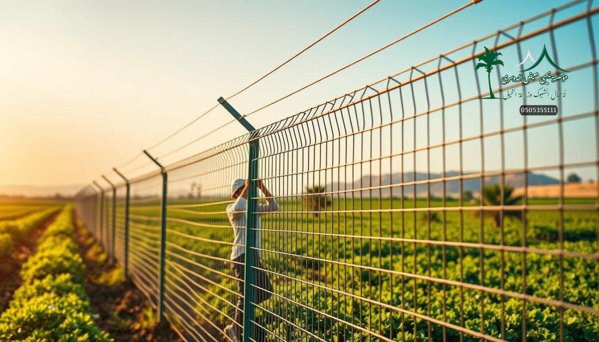 A well-designed and sturdy farm fence made of high-quality metal mesh, seamlessly blending modern security features with the rustic charm of a traditional Saudi Arabian agricultural landscape. The scene showcases skilled workers meticulously installing the fence, ensuring its strength and durability to protect the crops and livestock. The fence's sleek lines and minimalist aesthetic complement the lush, verdant surroundings, creating a harmonious visual balance between function and form. Warm, diffused lighting illuminates the scene, casting subtle shadows and highlighting the intricate details of the mesh and supporting structures. The overall composition conveys a sense of security, efficiency, and a commitment to sustainable farming practices in the region.