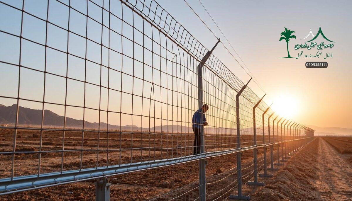 A well-designed metal farm fence stands tall, its sturdy steel mesh reinforced with thick wire cables. The sun casts a warm glow, illuminating the fenceline as skilled workers meticulously install the robust security system. In the foreground, the smooth texture of the metal panels contrasts with the rugged landscape, creating a visually striking scene. The fence seamlessly blends form and function, offering both protection and aesthetic appeal for the modern Saudi Arabian agricultural setting. Subtle details, like the carefully spaced support posts, demonstrate the engineering expertise behind this practical yet elegant fencing solution.