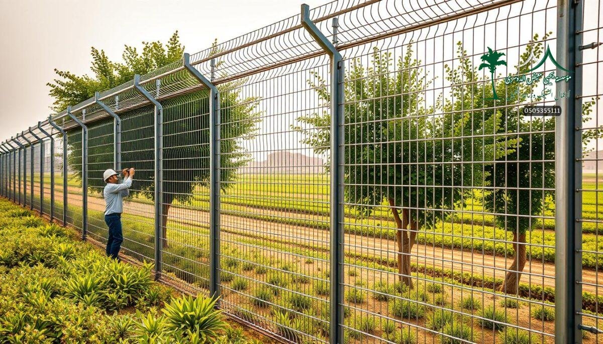 A well-designed metal mesh fence being installed by skilled workers on a modern Saudi Arabian farm, the sturdy structure providing robust security and protection. The fencing seamlessly blends into the lush, verdant landscape, its sleek silver finish catching the warm rays of the sun. In the foreground, the workers meticulously align the panels, their precise movements reflecting years of experience. The middle ground showcases the fence's impressive height and strength, while the background reveals the sprawling expanse of the farm, hinting at the productive activities within. An atmosphere of diligence, innovation, and unwavering commitment to quality pervades the scene.