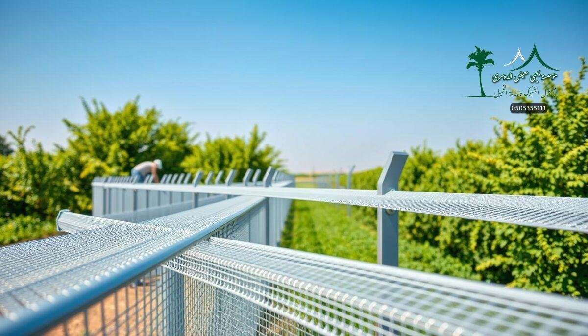 A well-designed modern farm fence system in Unayzah, Saudi Arabia. In the foreground, strong yet elegant metal mesh panels are being carefully installed by skilled workers, ensuring a secure and visually appealing perimeter. The middle ground showcases the fence's smooth lines and sleek silver tones, blending seamlessly with the surrounding lush greenery. In the background, a clear blue sky provides a serene backdrop, highlighting the fence's functional yet aesthetically pleasing nature. The lighting is soft and natural, capturing the perfect balance between utility and beauty that characterizes this advanced fencing solution.