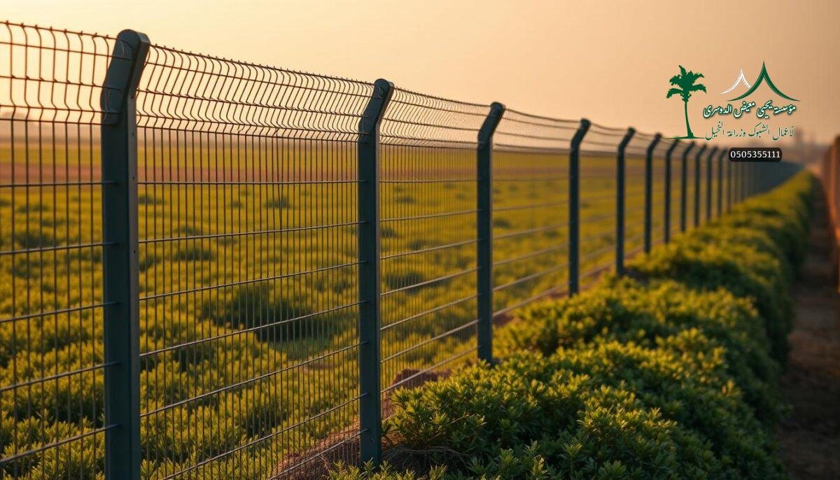 A well-designed modern farm fence with intricate metal mesh, stretching across a lush, verdant landscape in Saudi Arabia. The sturdy fencing stands tall, providing a sleek, secure barrier against the elements. Skilled workers meticulously install the mesh, ensuring a seamless integration into the surroundings. Warm, soft lighting illuminates the scene, casting gentle shadows and highlighting the fence's elegant, yet functional, appearance. The fencing blends effortlessly with the environment, creating a harmonious and visually appealing integration between the man-made structure and the natural setting.