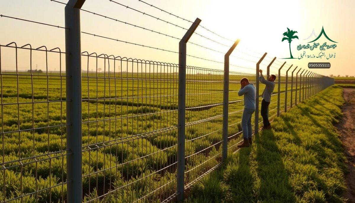 A well-designed, sturdy agricultural mesh fence in a modern Saudi Arabian farm setting. The fence features tightly-woven metallic wires, forming a robust barrier against livestock and intruders. Tall posts anchor the fence, casting long shadows across the lush, verdant landscape. Skilled workers carefully install the fence, their silhouettes visible in the golden afternoon sunlight. The overall scene conveys a sense of security, functionality, and thoughtful engineering, perfectly suited for the stated section on the importance of fencing in Jeddah.