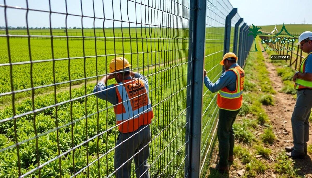 A well-engineered farm fence system with high-quality galvanized steel mesh panels, robust metal posts, and secure fastening mechanisms. The installation crew, clad in safety gear, carefully aligns the fencing to ensure optimal durability and visual appeal. Crisp sunlight filters through the mesh, casting intricate shadows on the lush, verdant landscape. The fencing blends seamlessly with the rural surroundings, providing a secure barrier while maintaining the natural charm of the Saudi Arabian countryside.