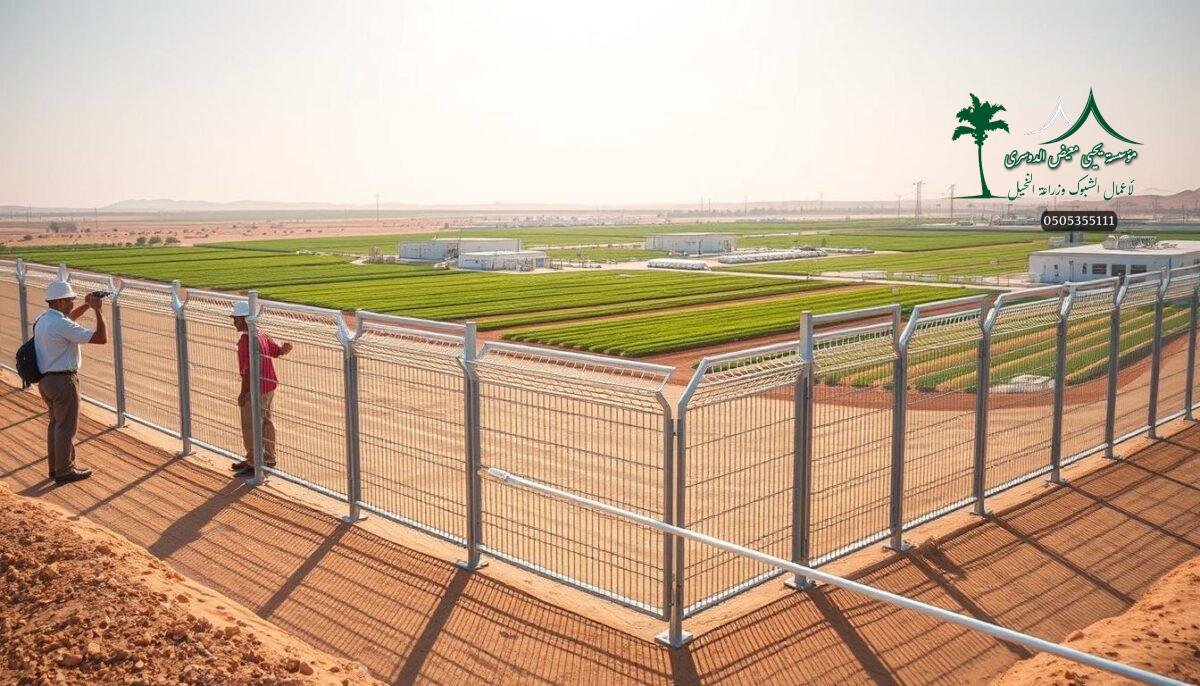 A well-lit, contemporary scene showcasing the latest fencing solutions for agricultural and security applications in the Unayzah region of Saudi Arabia. In the foreground, a team of skilled workers diligently install sleek, high-quality metal mesh fencing, its smooth silver finish reflecting the warm desert sunlight. The middle ground features an array of fencing options, including heavy-duty steel posts and reinforced panels, all designed to withstand the region's harsh environmental conditions. In the background, a sprawling modern farm landscape unfolds, with lush crops and well-maintained structures, highlighting the practical benefits of these advanced fencing systems. The overall atmosphere conveys a sense of technical proficiency, durability, and a commitment to innovative solutions for the local agricultural industry.