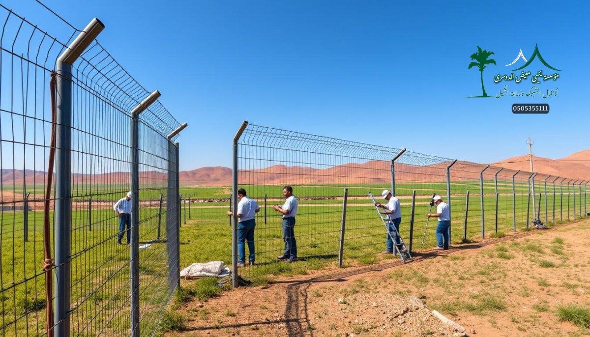 A well-lit outdoor scene depicting a modern farm in Tabuk, Saudi Arabia. The foreground shows a team of workers carefully installing sturdy, metal mesh fencing around the perimeter of the property. The middle ground showcases the diverse types of fencing used, including wire mesh, steel rails, and solid posts, all designed for maximum security and durability. The background features the lush, rolling landscapes of the Tabuk region, with a clear blue sky overhead. The overall atmosphere conveys a sense of productivity, efficiency, and a commitment to protecting valuable agricultural assets in the region.
