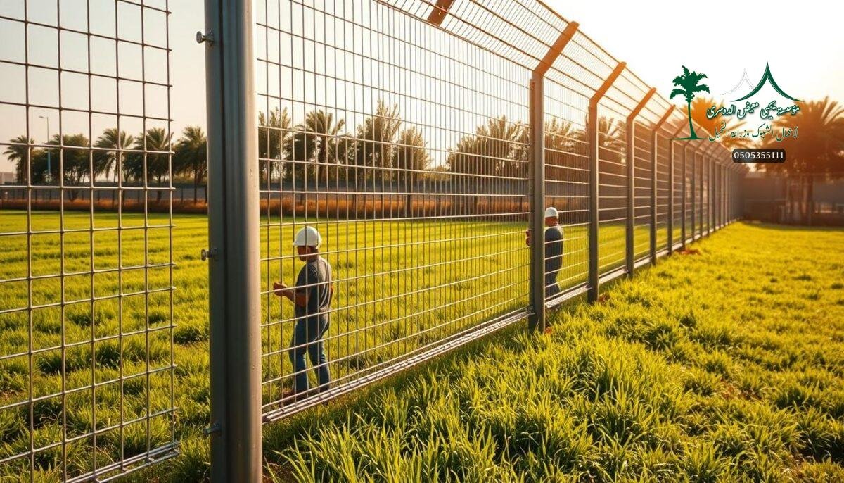 A well-lit, wide-angle shot of a meticulously installed metal mesh fence system adorning a lush, verdant field. The sturdy steel posts and tightly woven wire panels exude an air of rugged durability, perfectly suited for sports facilities, farm perimeters, and security applications. Sunlight glints off the galvanized surface, casting warm shadows that accentuate the fence's structural integrity. In the foreground, a team of skilled workers diligently secures the modular panels, their movements precise and efficient, reflecting the professional craftsmanship behind the installation. The overall scene conveys a sense of modern, functional elegance tailored to the needs of the Saudi Arabian landscape.
