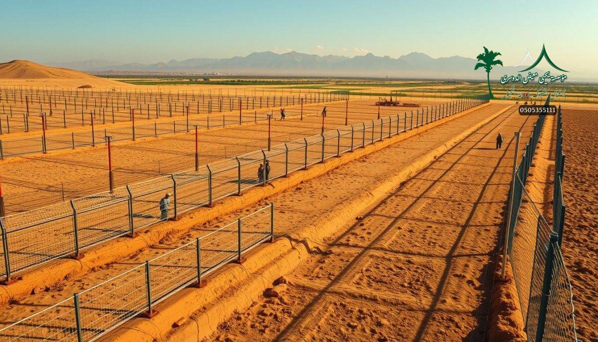 An expansive farm landscape in Saudi Arabia's Jouf region, showcasing a diverse array of high-quality, fully-enclosed metal mesh security and sports fences. The scene captures skilled workers diligently installing these sturdy, durable barriers, emphasizing their exceptional build quality and versatile applications. Warm, natural lighting illuminates the fences, which seamlessly blend into the serene, rural setting. Subtle shadows and reflections add depth and dimension, creating an image that conveys the fences' robust construction and harmonious integration with the surrounding environment. The overall composition highlights the 2026 pricing and promotional offerings for these exceptional farm fencing solutions.