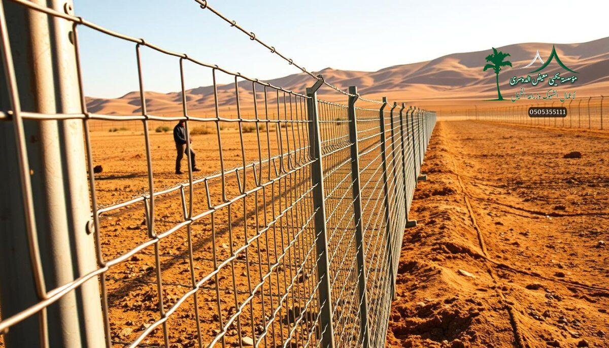 An expansive modern farm compound in Saudi Arabia, where skilled workers meticulously install a robust metal mesh security fence system. The foreground features the intricate weaving of the sturdy steel wire, while the middle ground showcases the fence posts firmly anchored into the arid earth. In the background, undulating hills and a clear blue sky create a serene pastoral scene, complementing the practical purpose of the fencing. Warm sunlight casts a golden glow across the scene, highlighting the precision and craftsmanship of the installation process. The overall composition conveys a sense of safety, security, and the seamless integration of modern infrastructure within the traditional Saudi Arabian agricultural landscape.