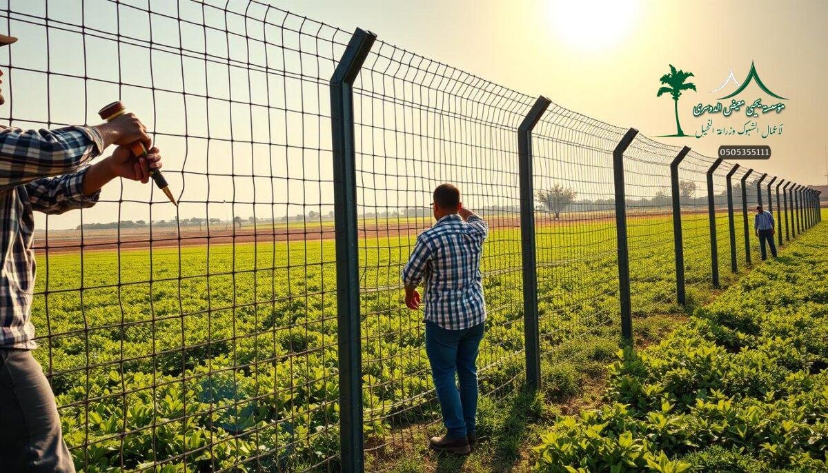 An expansive outdoor scene depicting a modern farm in Saudi Arabia, with skilled workers diligently installing a robust, high-quality metal mesh fence system known as "Shabak Himayah" or protective fencing. The foreground showcases the intricate installation process, with workers wielding tools and carefully manipulating the sturdy mesh panels. In the middle ground, the fence extends across the lush, verdant landscape, providing a strong visual anchor. The background features a clear, sun-drenched sky, creating a sense of warmth and security. The overall scene conveys a mood of efficiency, durability, and a commitment to effective agricultural protection.
