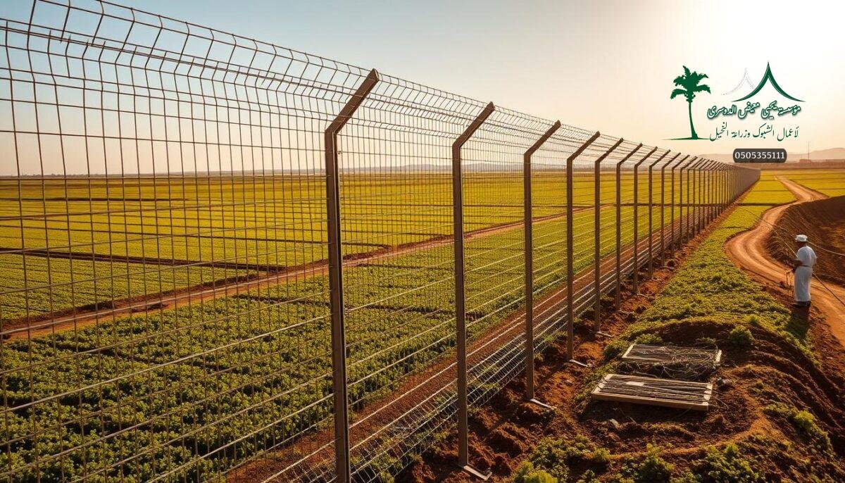 An expansive rural landscape in Jazan, Saudi Arabia, where sturdy, weather-resistant security fences meticulously line the perimeter of lush farmland. The midday sun casts a warm, golden glow, illuminating the intricate mesh of the galvanized steel barriers, designed to withstand the region's fierce winds and intense heat. In the foreground, skilled technicians diligently install the robust panels, ensuring the fences' integrity and functionality. The scene conveys a sense of purpose and protection, safeguarding the agricultural endeavors that thrive within this vibrant, sun-drenched environment.