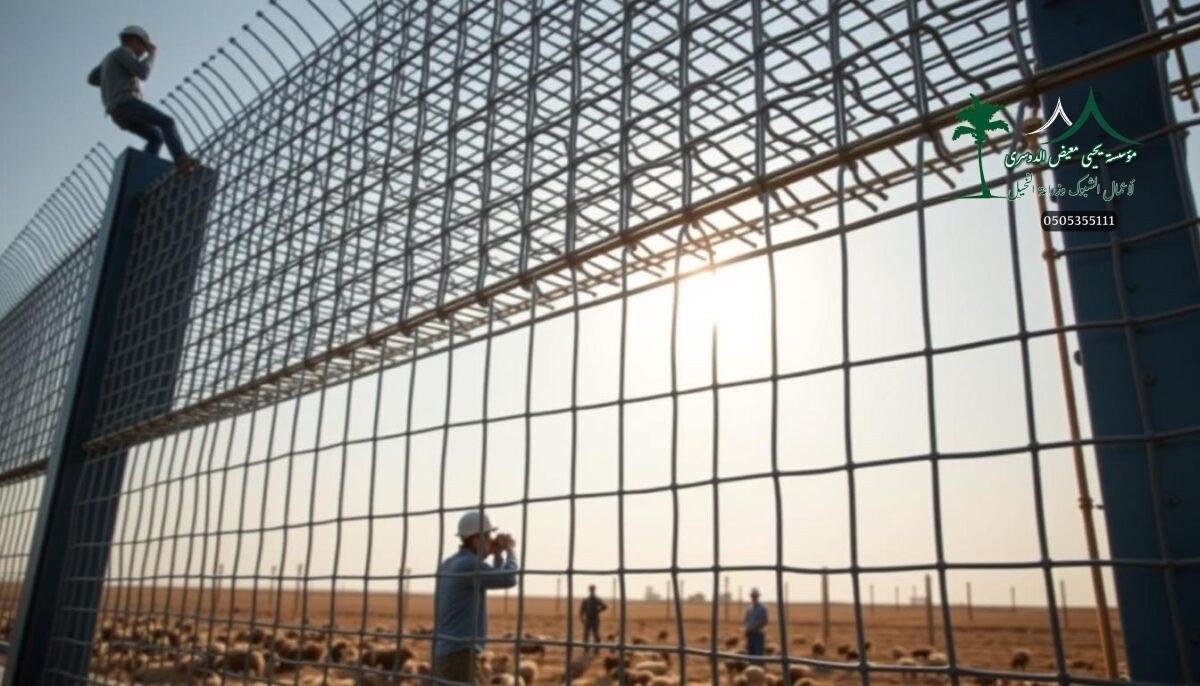 An intricately woven mesh of sturdy steel bars, casting a resolute presence against the sun-soaked landscape of Jeddah. The metal fence, a testament to precision and durability, stands tall, guarding the boundaries of a modern farm. Skilled workers in hard hats and uniforms meticulously install the robust panels, ensuring a seamless integration of security and functionality. Shadows play across the textured surface, hinting at the strength and resilience of this essential barrier. The scene exudes a sense of order and professionalism, capturing the essence of Jeddah's evolving agricultural landscape.