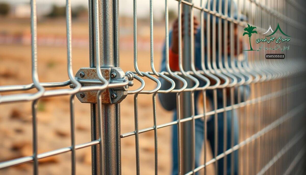 Detailed close-up of a sturdy galvanized iron wire mesh fence, capturing its robust construction and sleek metallic sheen. The fence panels seamlessly interlock, forming a strong and durable barrier. A pair of skilled workers carefully install the fence, precisely aligning the rigid metal posts and attaching the mesh with secure fasteners. The scene reflects the fence's purpose of providing reliable security and protection, suitable for modern farms, sports facilities, or residential areas in Saudi Arabia. Warm, diffused lighting illuminates the metallic texture, highlighting the fence's resilience and weatherproof qualities.
