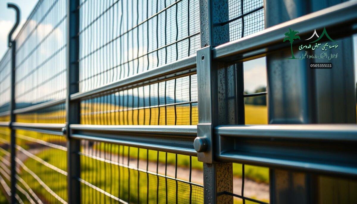 Detailed close-up of a sturdy iron fence system, featuring robust metal mesh panels securely affixed to a rugged steel frame. The fence exudes an air of modern industrial elegance, with clean lines and a sleek, minimalist aesthetic. Sunlight glints off the polished metal surfaces, creating a sense of strength and resilience. In the background, a lush pastoral landscape comes into view, underscoring the fence's role in protecting valuable farmlands and properties. The overall composition conveys a harmonious balance between form and function, blending the utilitarian needs of a security barrier with a visually appealing, architecturally-inspired design.