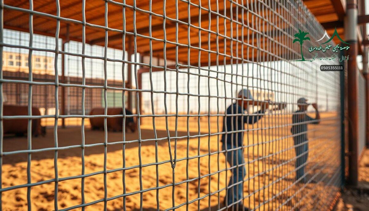 Detailed close-up of high-quality "شبوك" metal mesh fencing materials used in modern Saudi Arabian farms. Intricate steel wire lattice in various muted tones, with workers carefully installing the durable, secure panels. Warm, natural lighting illuminates the robust construction, conveying a sense of strength and reliability. Rustic, earthy background textures complement the industrial aesthetic. Emphasize the premium quality and craftsmanship of these premium fencing solutions.