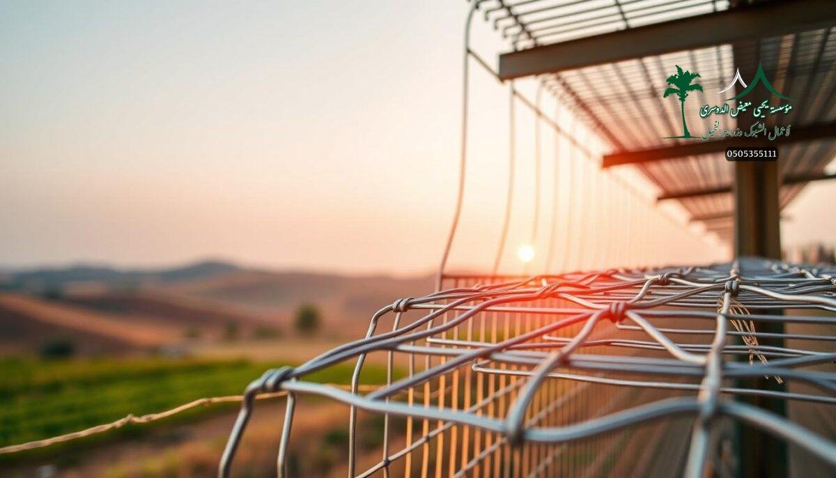 Detailed close-up of stainless steel wire mesh panels, showcasing their corrosion-resistant properties. The material glistens under warm, directional lighting, highlighting its robust construction and suitability for rugged outdoor applications. In the background, a tranquil rural setting with rolling hills and a clear sky, hinting at the pastoral context of the farm fencing. The composition emphasizes the technical specifications and durability of the materials, aligning with the article's focus on the construction of secure, long-lasting fencing solutions for agricultural lands in Qassim, Saudi Arabia.