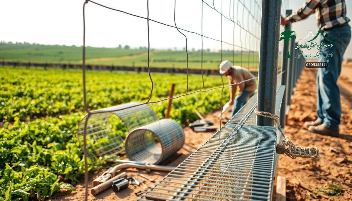 Detailed close-up view of a modern farm security fence installation in Riyadh, Saudi Arabia. The foreground showcases sturdy metal mesh panels being carefully attached to a robust metal frame by skilled workers. The middle ground features rolls of coiled wire mesh and various tools used in the fencing process. The background depicts a lush, verdant agricultural landscape, highlighting the fence's purpose of protecting valuable farmland. The scene is bathed in warm, natural lighting, conveying a sense of diligence and productivity. The final image should emphasize the high-quality materials and craftsmanship involved in constructing these effective farm fences.