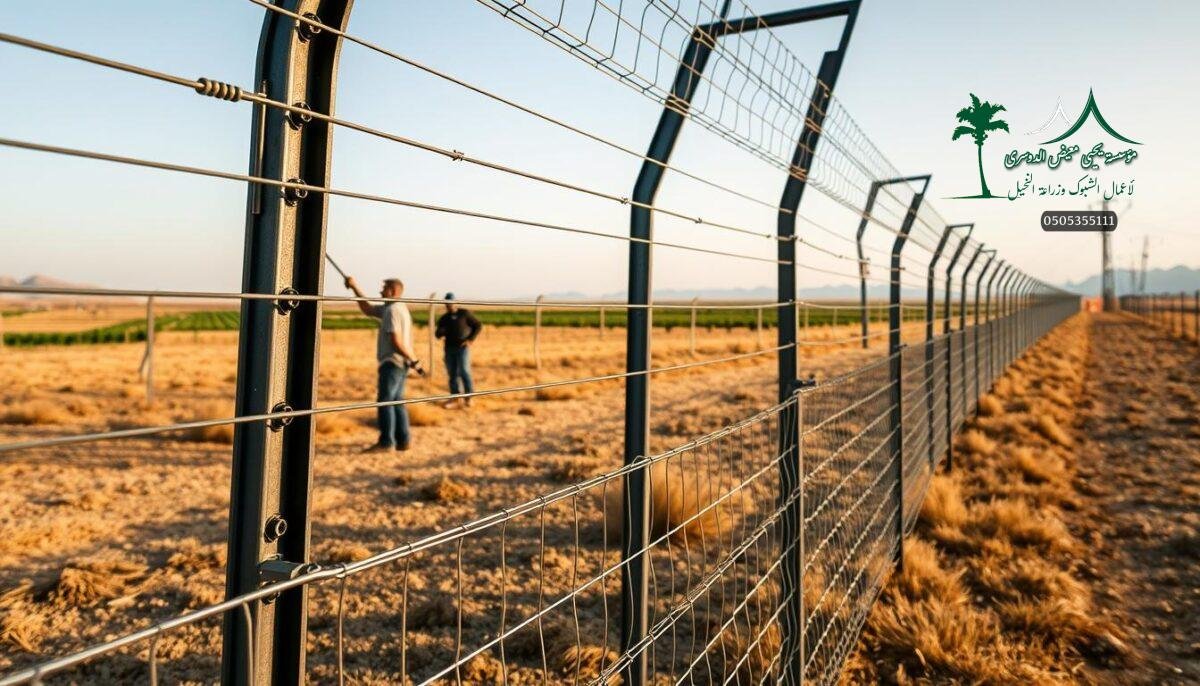 Detailed, high-quality image of a variety of modern electric wire fences used in agricultural settings in the Bisha region of Saudi Arabia. Foreground shows a close-up view of the sturdy metal mesh panels and sturdy metal poles, with workers carefully installing the fencing. Midground depicts a broader scene of the fence system running across a rural landscape, with a farm or ranch in the distance. The background features a clear, bright sky with natural lighting casting long shadows. Convey a sense of reliable security, quality craftsmanship, and practical functionality for the fencing system.