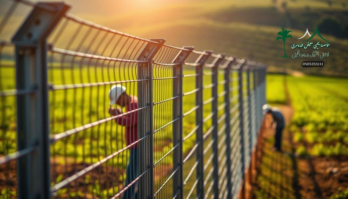 Detailed high-resolution image of a modern electric farm fence in Saudi Arabia. The fence consists of sturdy metal posts and tightly woven metal mesh, designed for long-lasting security and durability. Strong illumination casts dramatic shadows, highlighting the fence's robust construction. Workers in the foreground carefully install the fence, using specialized tools. The background features a lush, green farm landscape, showcasing the fence's seamless integration into the rural environment. The overall scene conveys a sense of strength, protection, and precision engineering tailored for the region's demanding conditions.