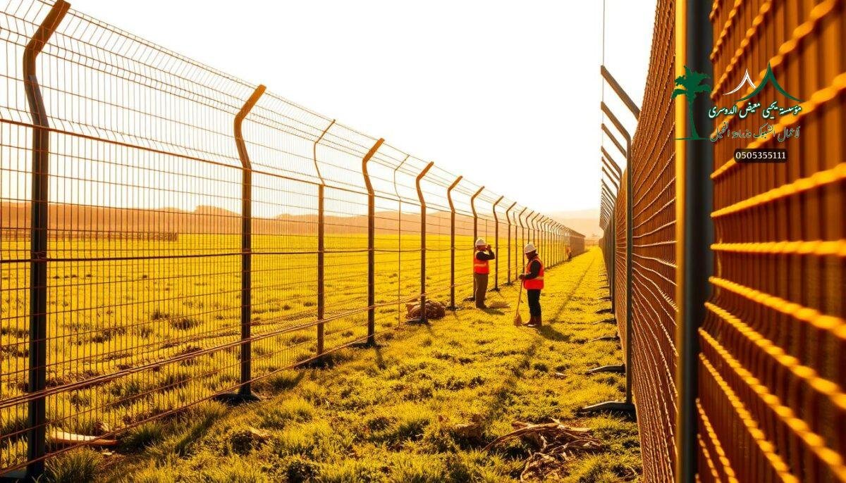 Detailed high-resolution image of a modern electric mesh fence system for farm and security applications in Saudi Arabia. The fence features sturdy metal posts and dense interlocking wire mesh panels stretching across a lush green field, creating a secure perimeter. The fence is illuminated by warm sunlight, casting long shadows on the ground. Several workers in protective gear are shown carefully installing and adjusting the fence components, showcasing the precision and care taken in its construction. The scene conveys a sense of safety, durability, and technological advancement in agricultural infrastructure.
