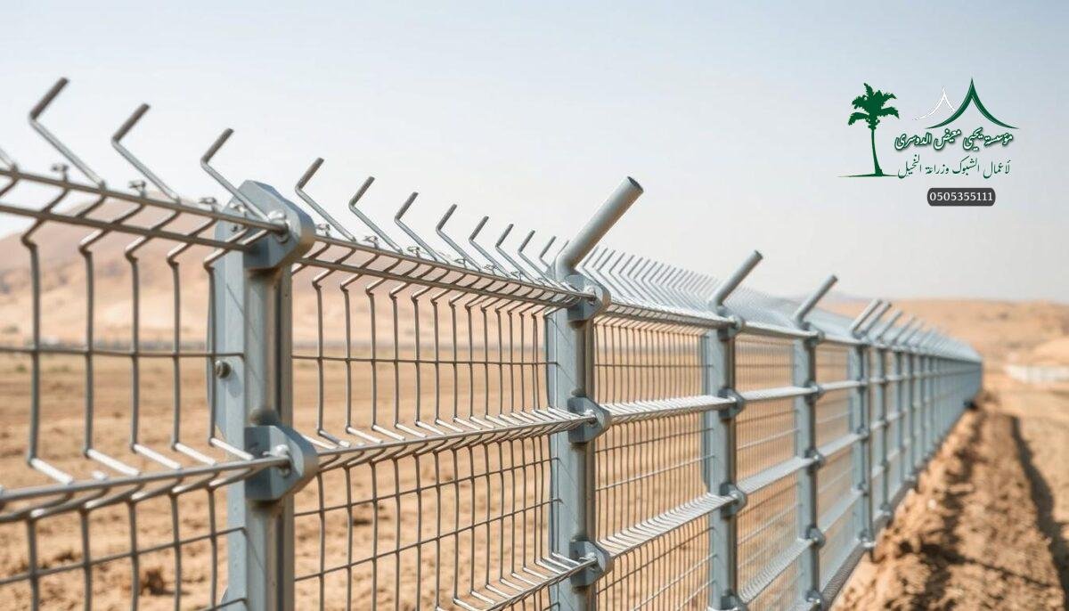 Detailed, high-resolution image of a modern galvanized steel farm fence being installed by workers in Saudi Arabia. The fence is made of thick, sturdy metal mesh panels with angular barbs and reinforced posts, creating a robust and secure barrier. The scene is set against a backdrop of arid, desert-like terrain, with a clear sky overhead. The lighting is natural and diffused, highlighting the texture and metallic sheen of the fence. The composition emphasizes the strength, durability, and reliable quality of the fencing system, conveying a sense of safety and protection for the land and livestock.