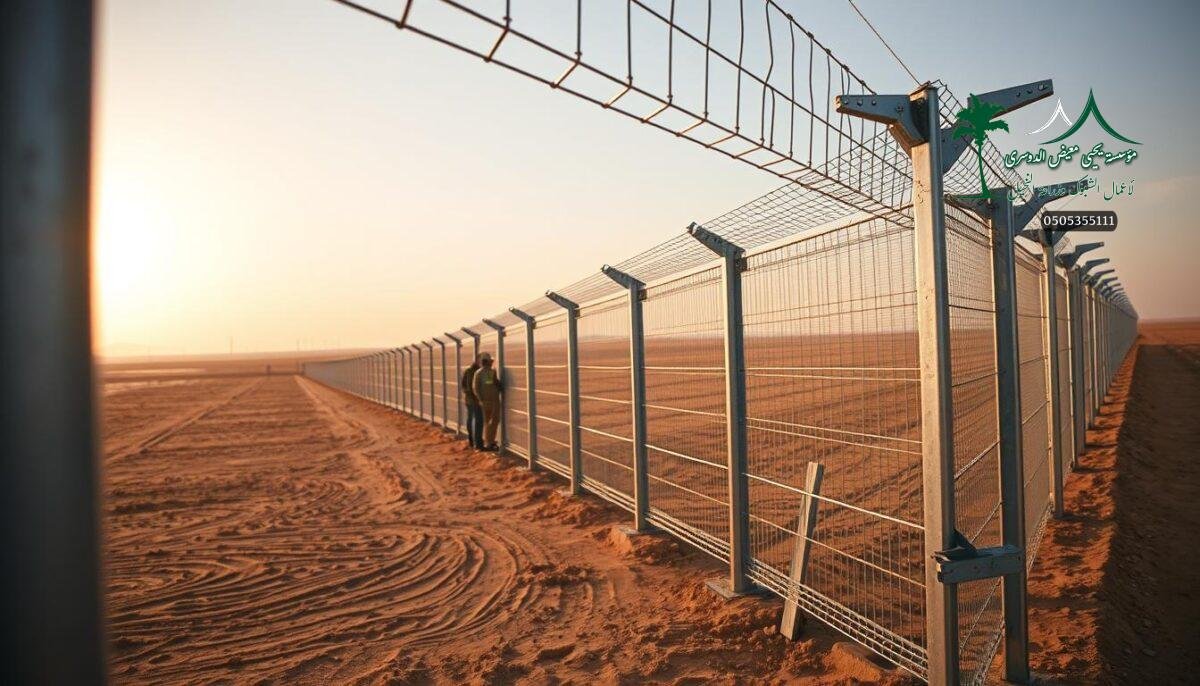Detailed high-resolution image of a modern metal farm fence in the Ahsa region of Saudi Arabia. The fence is made of sturdy galvanized steel mesh panels with robust metal posts and bracing, designed to withstand the harsh desert climate. The fence is being installed by workers, with the foreground showing the process of securing the panels to the posts. The middle ground depicts the completed sections of the fence, stretching out towards the horizon. In the background, the flat, arid landscape of the Ahsa region provides a stark and expansive setting, with a warm, golden light casting long shadows across the scene.