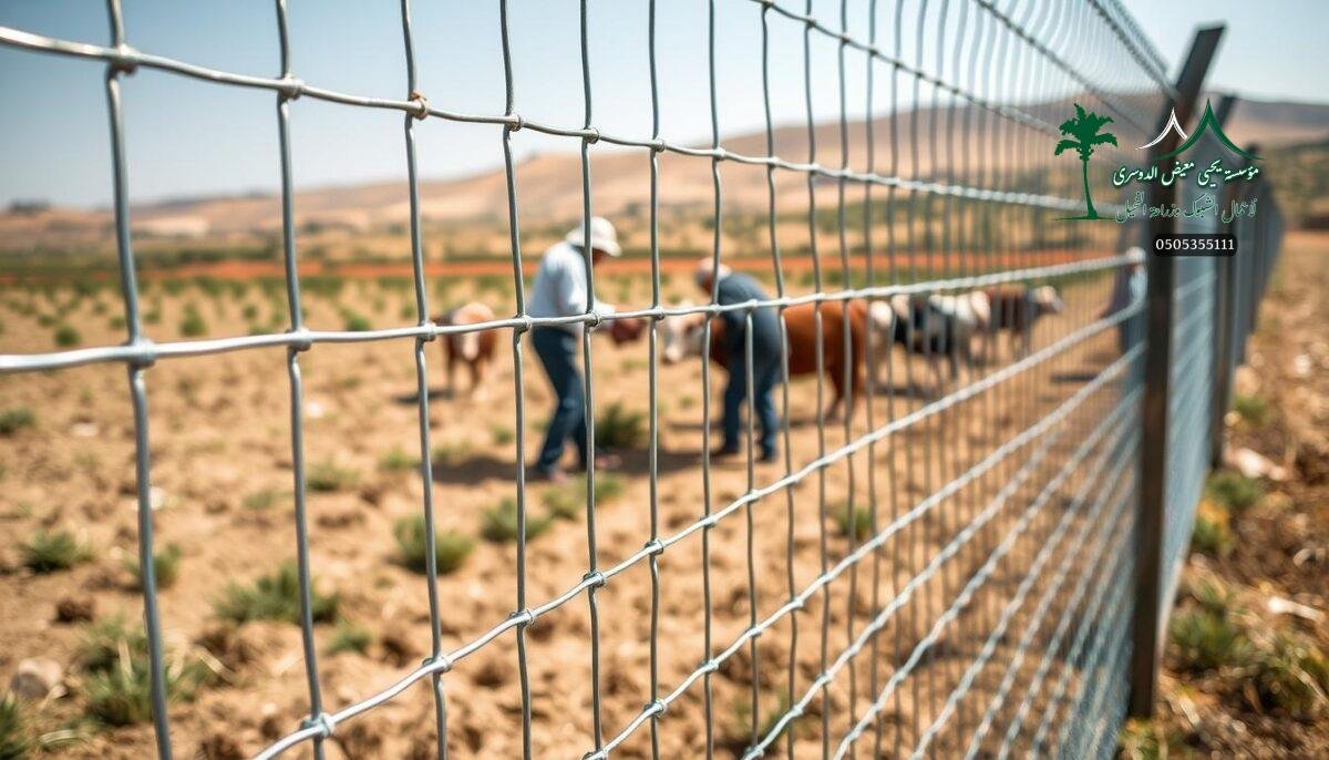 Detailed high-resolution image of galvanized steel wire mesh fencing, installed in a modern agricultural setting in Saudi Arabia. The fencing is rust-resistant and suitable for the region's hot climate. The foreground features the wire mesh up close, showcasing its robust construction and tight weave. The middle ground depicts workers carefully installing the fencing, highlighting its practical application. The background captures the expansive farm landscape, with rolling hills and clear skies, emphasizing the fencing's integration into the natural environment. Crisp lighting accentuates the metallic sheen of the galvanized steel, conveying a sense of strength and durability.