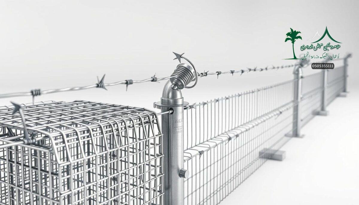 Detailed, high-resolution image of modern galvanized and spiked wire fencing materials used in the construction of farm, security, and sports enclosures in the Hail region of Saudi Arabia. Showcase the strong, durable mesh panels, sturdy metal posts, and sharp barbed wire accents in a well-lit, clean studio setting. Capture the robust, industrial aesthetic of these fencing components, emphasizing their functional design and ability to provide reliable protection and boundaries. Depict the fencing materials from multiple angles to highlight their key features, with a focus on the textural interplay of the galvanized surfaces and sharp spiked elements.
