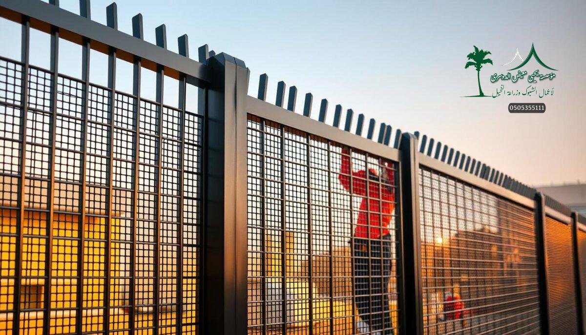 Detailed, high-resolution image of modern metal mesh fences in Dammam, Saudi Arabia in 2026. Sleek, minimalist design with clean lines and a matte black finish. Prominent focus on the smooth, interlocking panels with subtle reflections of the surrounding environment. Warm, natural lighting highlights the elegant curves and precise fabrication. Workers in the background carefully installing the sturdy, tamper-resistant panels to create a visually striking yet secure perimeter. Convey a sense of contemporary style, robust security, and thoughtful design for residential, commercial, or industrial applications.