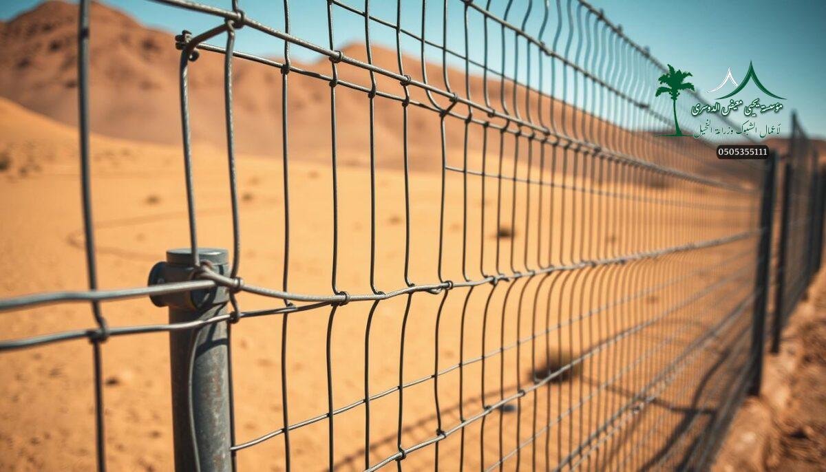 Detailed metal farm fencing, woven wire mesh in a warm desert landscape. Sturdy iron posts and crossbars create a robust, long-lasting security perimeter. Sunlight casts dramatic shadows accentuating the grid-like pattern. Skilled workers carefully install the protective barrier, ensuring proper tension and stability. The fencing blends seamlessly into the arid environment, providing an effective and unobtrusive boundary. Subtle warm tones and a sense of rugged reliability evoke the reliability and durability of this essential agricultural infrastructure in Tabuk.