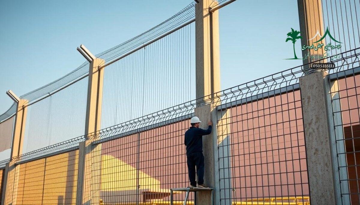 Detailed metal security fencing, a modern architectural design with clean lines and sleek aesthetic. Galvanized steel mesh panels seamlessly integrated into minimalist concrete pillars, creating a visually appealing yet highly functional protective barrier. Warm sunlight casts long shadows, highlighting the robust construction as skilled workers carefully install the fencing system. The scene conveys a sense of safety and sophistication, perfectly suited for contemporary buildings and facilities in Riyadh, Saudi Arabia.