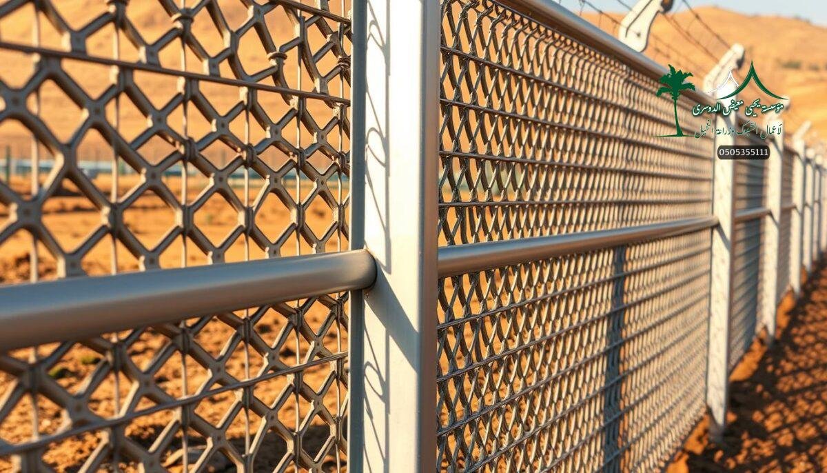 Detailed metallic galvanized iron farm fencing with intricate lattice pattern, installed by workers on a modern agricultural field in Hail, Saudi Arabia. The fencing stands tall, providing robust security and protection against livestock and wildlife. Warm sunlight casts shadows across the smooth metal surfaces, highlighting its durable and weather-resistant construction. The fence blends seamlessly into the rural landscape, showcasing an elegant design that complements the surrounding farmland.