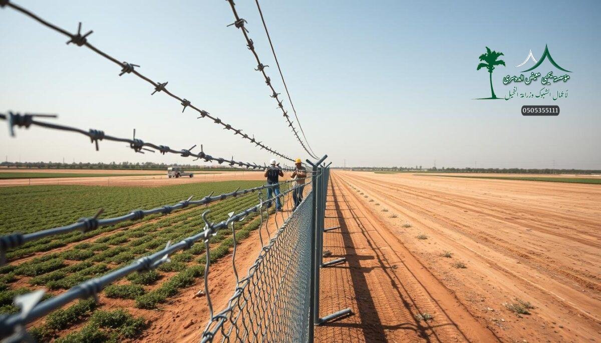 Detailed overhead view of a state-of-the-art electric and spiked security fence system for a modern Saudi Arabian farm. The foreground showcases the intricate barbed wire and metal mesh design, providing a formidable barrier against intruders. In the middle ground, skilled workers are meticulously installing the fence components, ensuring maximum strength and durability. The background depicts the vast expanse of the farm, with lush greenery and clear skies, creating a sense of security and tranquility. The lighting is natural and evenly distributed, highlighting the sleek, industrial aesthetic of the fencing. The overall scene conveys a strong emphasis on high-quality, professional-grade security measures tailored for the specific needs of a modern agricultural setting.