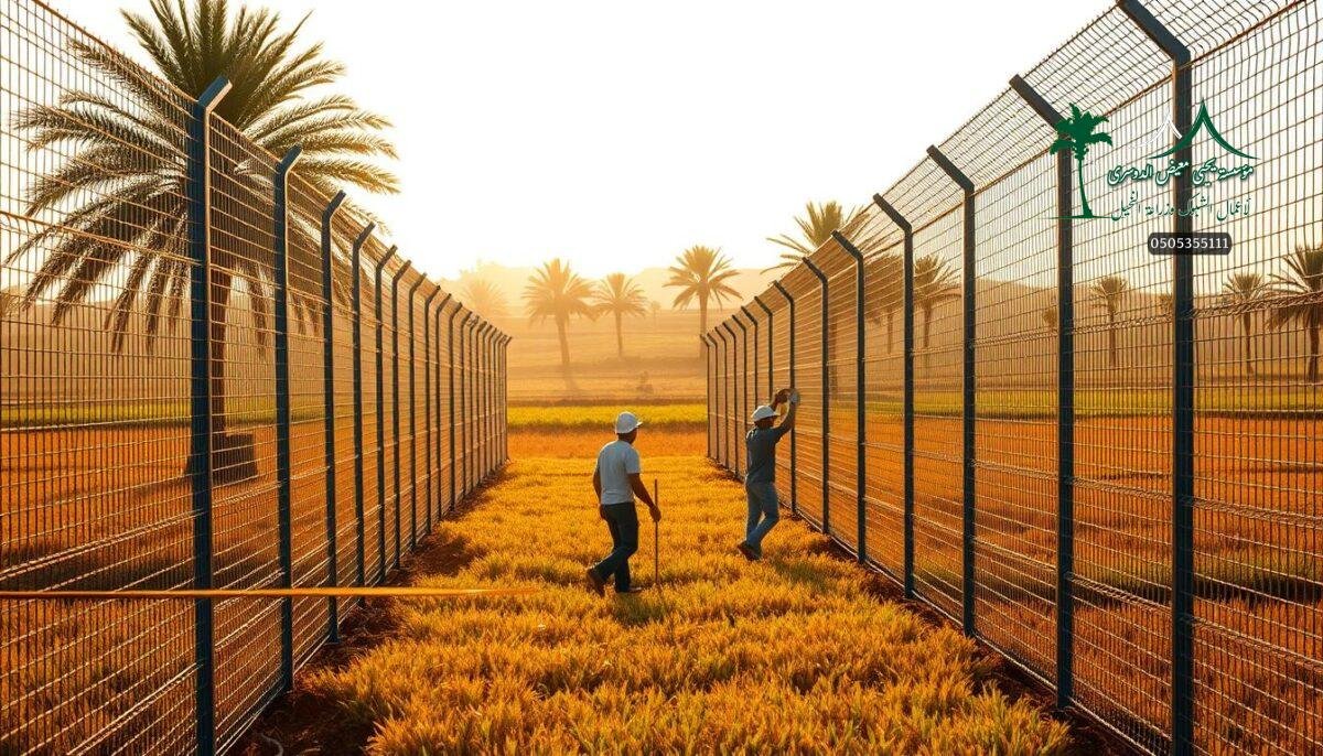 Detailed scene of a modern farm in Dammam, Saudi Arabia. A group of workers carefully installing sleek, metal mesh security fences across the vast, rolling fields. The fences stand tall and sturdy, their intricate lattice pattern glinting in the warm, golden sunlight. In the background, lush palm trees sway gently, framing the agricultural landscape. The fences seamlessly blend form and function, offering robust protection while maintaining an elegant, minimalist aesthetic. The scene conveys a sense of safety, efficiency, and the progressive development of Dammam's agricultural infrastructure.