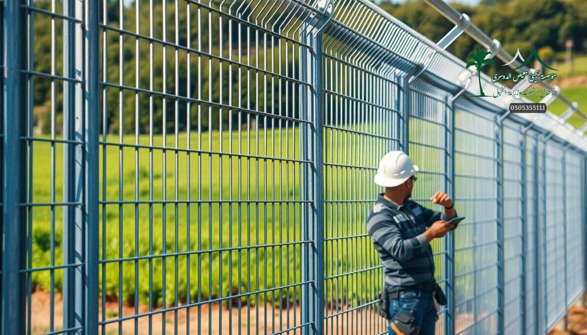 Detailed shot of a modern galvanized iron mesh fence, showcasing its robust and weatherproof construction. The fence stands tall, its strong metal bars arranged in a tight grid pattern, casting long shadows across the well-lit scene. In the foreground, a skilled worker carefully installs the fence, demonstrating the precision and care required for this important security application. The background features a lush green landscape, hinting at the fence's purpose of protecting valuable assets in a rural, agricultural setting. The overall atmosphere conveys a sense of durability, safety, and attention to detail, reflecting the high-quality standards of this type of fencing solution.