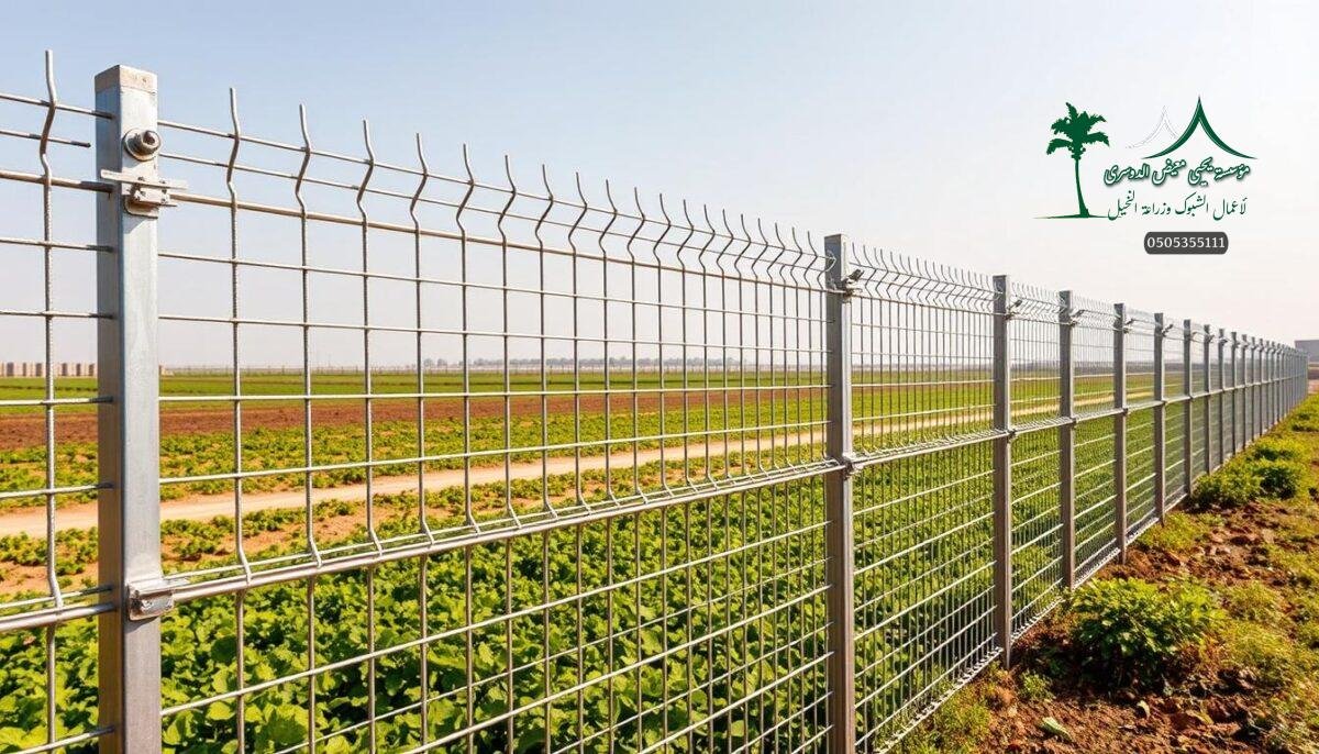 Elegant wrought-iron galvanized wire mesh fence panels, artfully installed across a lush Saudi Arabian farmscape. Sturdy metal posts and cross-braces support the intricate, rustproof lattice, ensuring lasting durability and security. Sunlight glints off the polished silver-gray finish as skilled workers carefully align each section, crafting a seamless barrier to protect crops and livestock. The fence's clean lines and industrial aesthetic harmonize with the fertile, verdant countryside, blending form and function into a visually striking, high-quality installation.