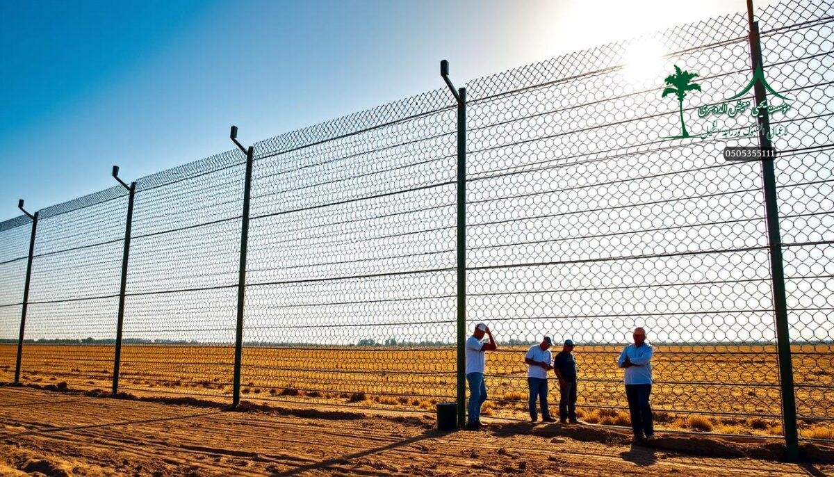 High-quality agricultural fences in Bisha, Saudi Arabia. A well-crafted metal mesh fence stands tall, its intricate lattice casting dynamic shadows across the sun-dappled field. Sturdy steel posts anchored firmly in the earth support the sturdy panels, designed to withstand the elements and safeguard valuable farmland. In the foreground, a team of skilled workers meticulously install the fencing, ensuring a seamless, secure barrier that will provide years of reliable service. The warm, natural lighting illuminates the scene, conveying a sense of quality and craftsmanship. This image captures the essence of the durability and precision that defines the finest farm fencing solutions in the region.