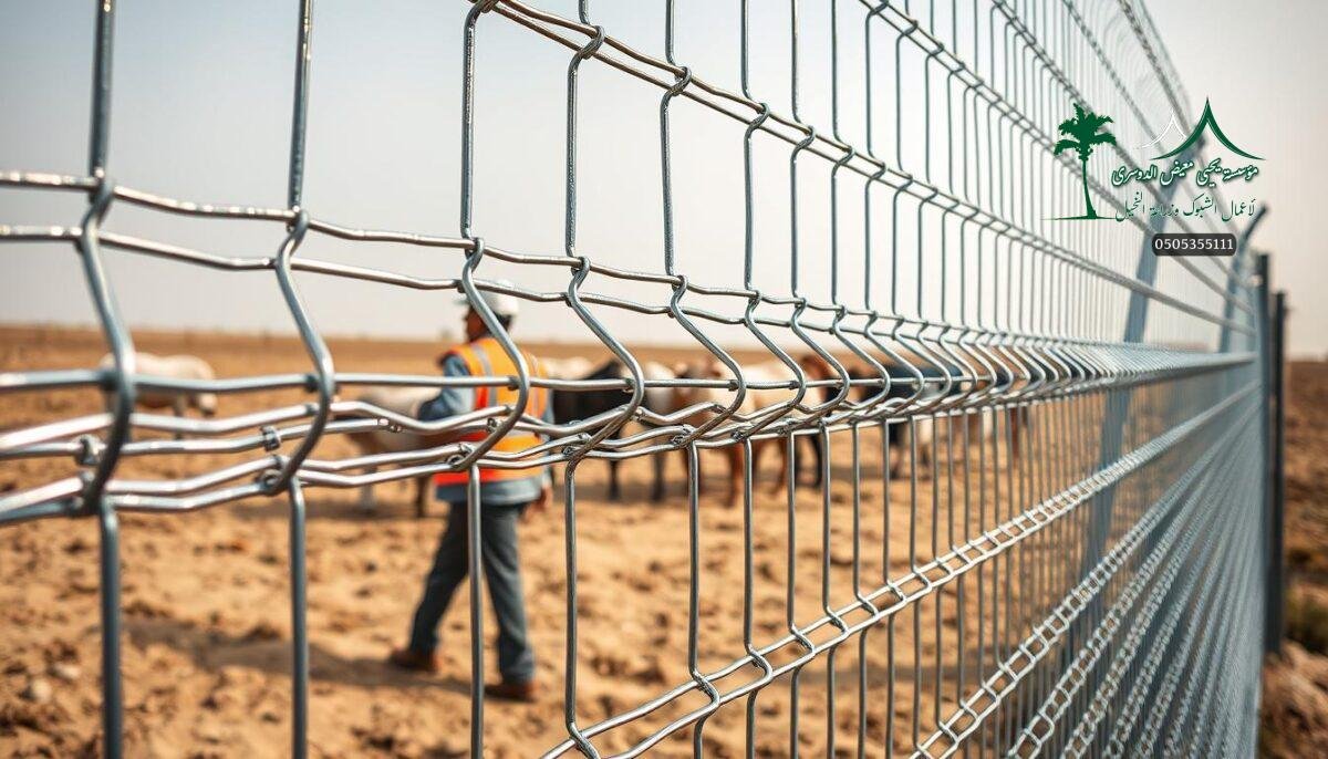 High-quality, corrosion-resistant galvanized iron mesh fence. A close-up view of the strong, durable metal wire mesh, showcasing its tight, uniform weave and glossy metallic finish. The fence is being installed by skilled workers on a modern Saudi Arabian farm, providing robust security and boundary definition. The scene is well-lit, with a crisp, clean aesthetic that highlights the fence's practical and aesthetic qualities. The overall composition emphasizes the fence's rugged construction, weather-resistant properties, and seamless integration into the rural landscape.