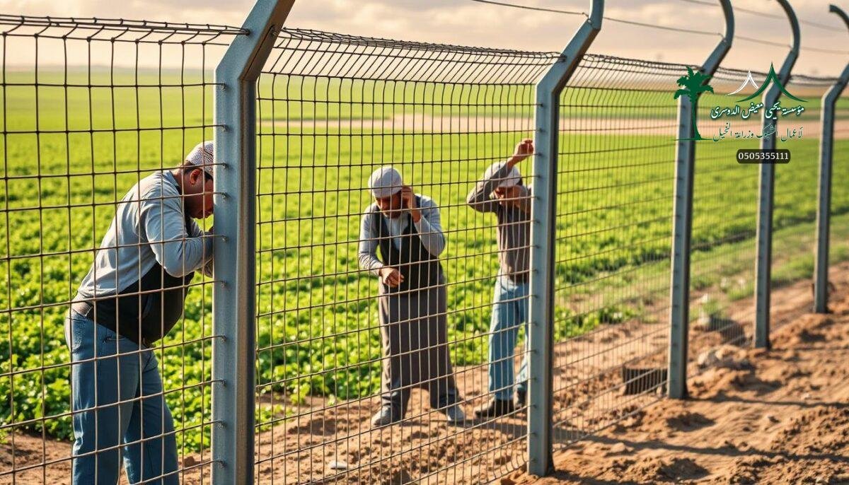 High-quality, detailed image of a modern farm in Saudi Arabia with workers installing sturdy metal mesh fencing. The fencing material is coated in a durable, rust-resistant metallic finish. The scene captures the installation process, showcasing the strength and durability of the fencing system. The middle ground features the workers carefully assembling the fence sections, while the background depicts the lush, open farmland characteristic of the Asir region. Warm, natural lighting illuminates the scene, highlighting the rugged, utilitarian nature of the farm security fencing.