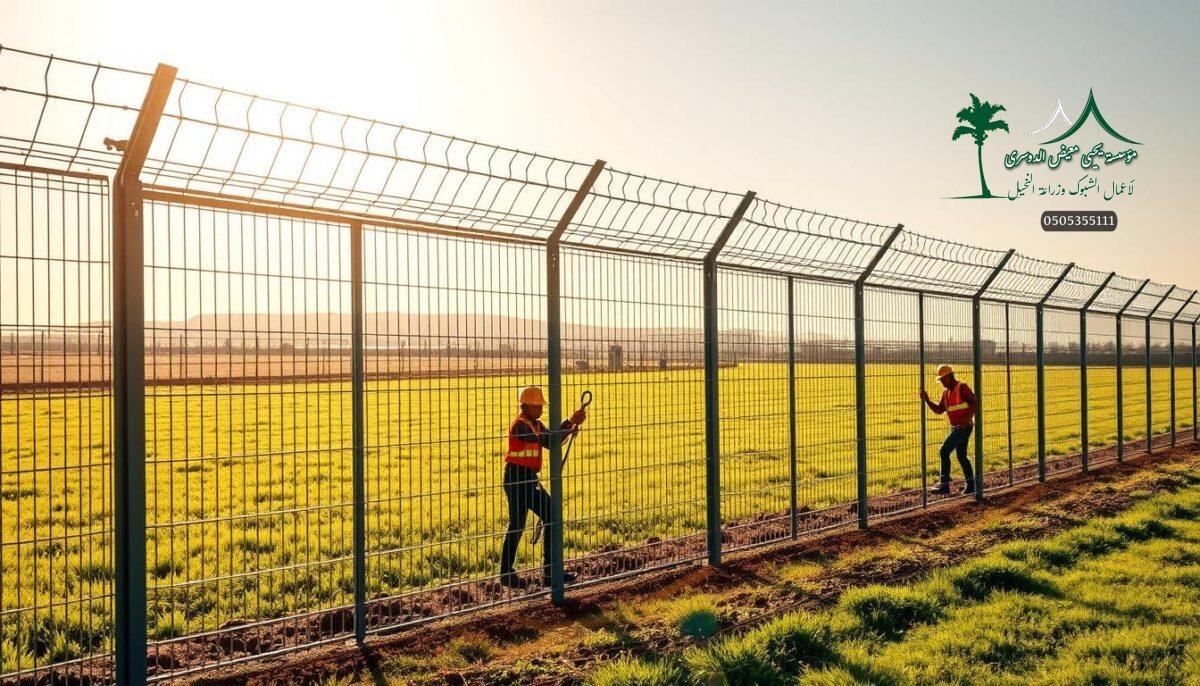 High-quality electric and barbed wire fences for 2026 in Saudi Arabia. A detailed showcase of modern farm, security, and sports fence designs and materials. Bright sunlight illuminates a range of metal mesh fences in various heights, thicknesses, and colors being installed by workers on a lush green field. Close-up views of the fence components, craftsmanship, and installation process. Warm, inviting atmosphere conveying durability, safety, and premium quality. Technical specifications, pricing, and special offers for the 2026 fence product line displayed in an organized, visually appealing manner.