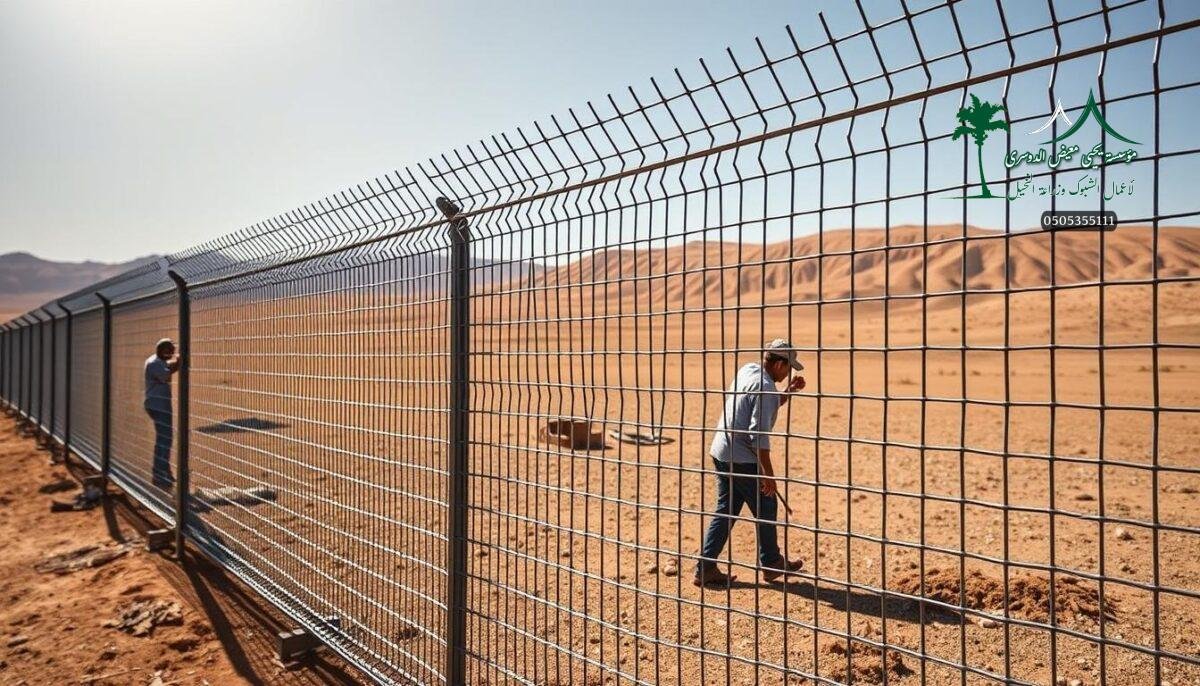 High-quality galvanized iron mesh fence panels with intricate, sharp-edged wire construction against a backdrop of a contemporary rural Saudi Arabian landscape. The fence stands tall and sturdy, casting dramatic shadows across the sun-drenched terrain. Workers carefully install the mesh, highlighting its exceptional durability and weather-resistant properties. The scene exudes an air of strength, security, and attention to detail, perfectly encapsulating the technical advantages of this specialized metal fencing material.