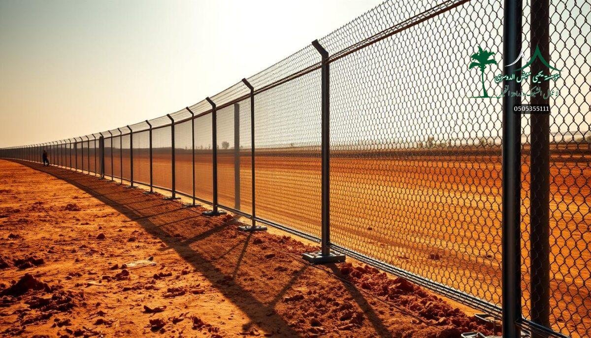 High-quality galvanized metal mesh fence panels, their distinct diamond-shaped grid pattern casting intricate shadows. The fence stretches across an expansive, sun-drenched field, its sturdy posts firmly embedded in the fertile soil. In the foreground, a team of skilled workers meticulously install the fence, their movements precise and efficient. The scene exudes a sense of reliability and security, perfectly suited for protecting agricultural, residential, or commercial properties in the warm, arid climate of Saudi Arabia. Warm, natural lighting bathes the entire composition, highlighting the fence's robust construction and gleaming galvanized finish, a testament to its corrosion-resistance and long-lasting durability.