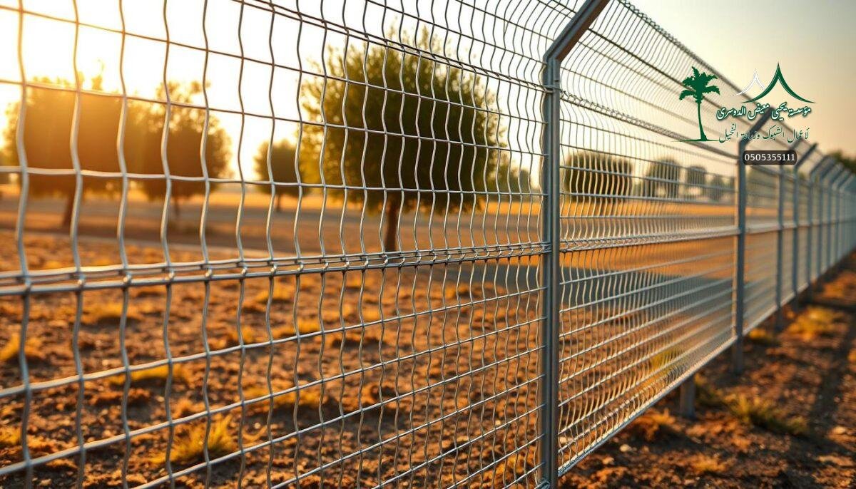 High-quality galvanized metal wire fence with robust, durable construction. Intricate lattice pattern forms a sturdy barrier against intruders. Fence panels installed by skilled workers, offering maximum security in a contemporary rural setting. Warm sunlight filters through the mesh, casting dynamic shadows across the ground. The fence's sleek, industrial aesthetic blends seamlessly with the surrounding landscape. Thoughtful engineering ensures corrosion resistance and longevity, making this fencing system an ideal choice for modern farms, sports facilities, and security applications in Saudi Arabia.