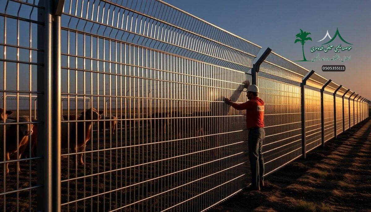 High-quality galvanized steel mesh fence with sleek, durable design. Sturdy metal posts and horizontal rails form a robust, corrosion-resistant barrier. The fencing features a clean, uniform texture and a lustrous metallic finish that catches the light beautifully. A team of workers carefully installs the fence sections, ensuring seamless integration into the modern farm landscape. The fence casts dramatic shadows, creating depth and dimension. Subtle ambient lighting illuminates the scene, highlighting the fence's strength and resilience. This secure, weather-resistant fencing solution is perfectly suited for agricultural, sports, and security applications in Saudi Arabia.