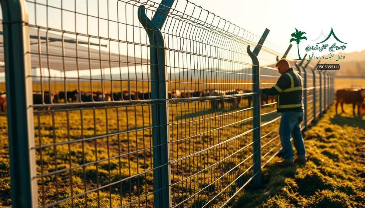 High-quality galvanized wire mesh fence in a well-lit, expansive farm setting. Sturdy metal posts and horizontal rails support the intricate metalwork, creating a robust and durable security barrier. Skilled workers meticulously install the fence, ensuring precise alignment and tension. The scene conveys a sense of strength, longevity, and attention to detail, perfectly aligning with the "ضمان الجودة وطول العمر الافتراضي" section of the article. Warm sunlight bathes the entire composition, lending an air of sophistication and modernity to the agricultural landscape.
