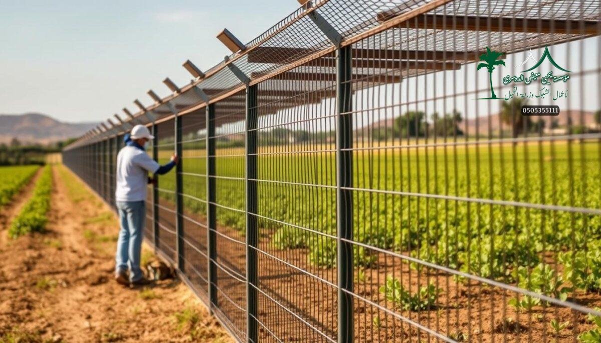 High-quality, long-lasting farm security fences in Unayzah, Saudi Arabia. A peaceful rural scene with skilled workers carefully installing robust metal mesh panels amid lush greenery and clear skies. Precise engineering, premium materials, and meticulous craftsmanship ensure durability and safety. Warm natural lighting bathes the scene, conveying a sense of reliability and attention to detail. The fencing seamlessly blends form and function, projecting an air of dependability and quality assurance for the farm's crops and livestock.