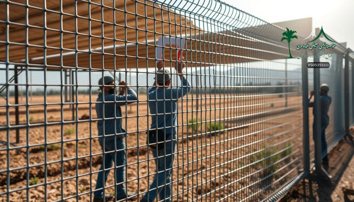 High-quality metal fence installation in a modern agricultural setting in Saudi Arabia. The scene depicts a team of skilled workers carefully assembling a robust, rust-resistant iron mesh fence system. Sunlight filters through the intricate metal lattice, casting dynamic shadows across the foreground. The fence seamlessly blends functional security with an elegant, minimalist aesthetic, perfectly suited for both rural and urban environments. The overall composition conveys a sense of precision, durability, and a commitment to safety and protection.